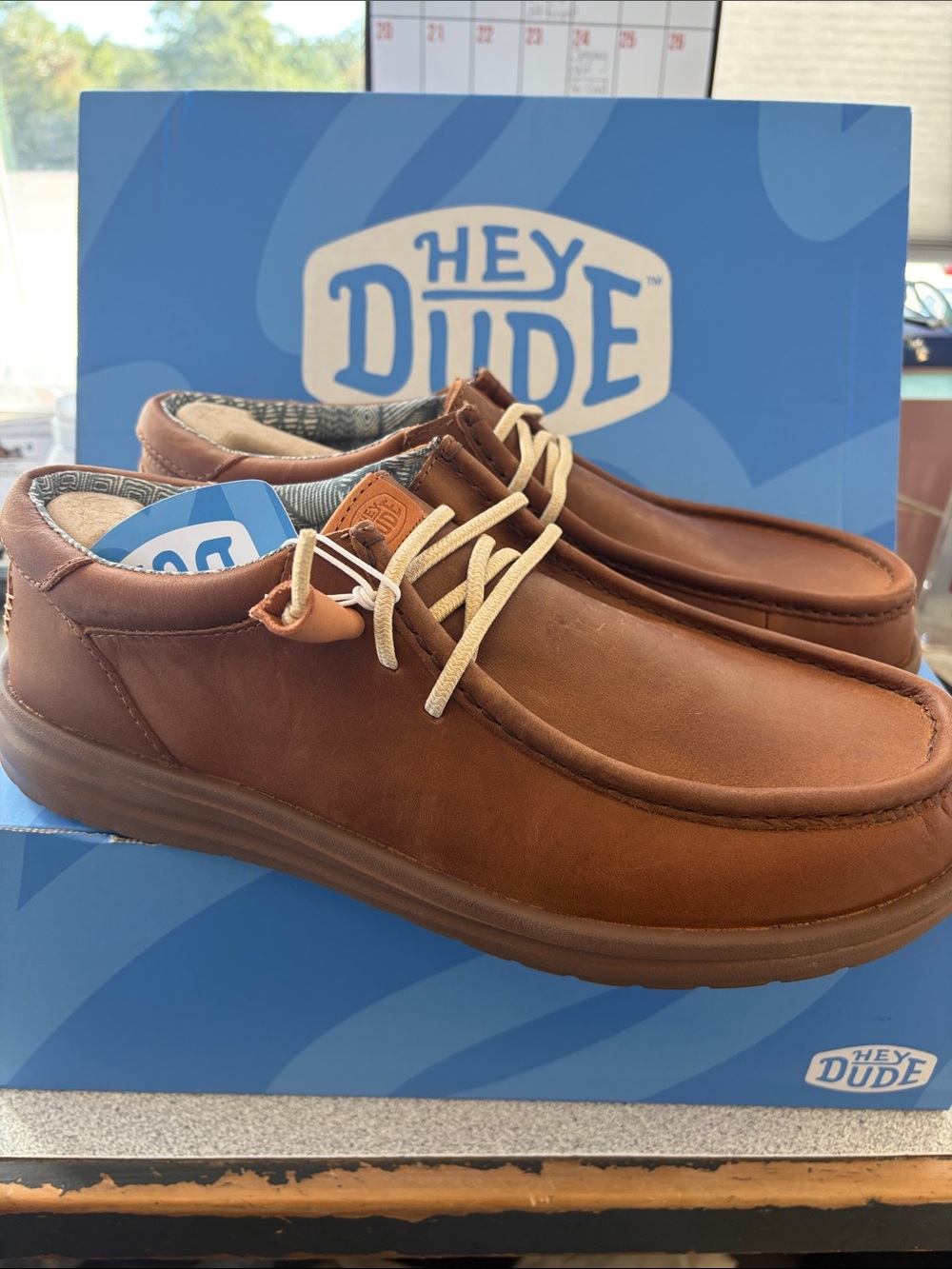 Hey Dude Brown Leather Casual Slip-On Loafers with Cream Laces